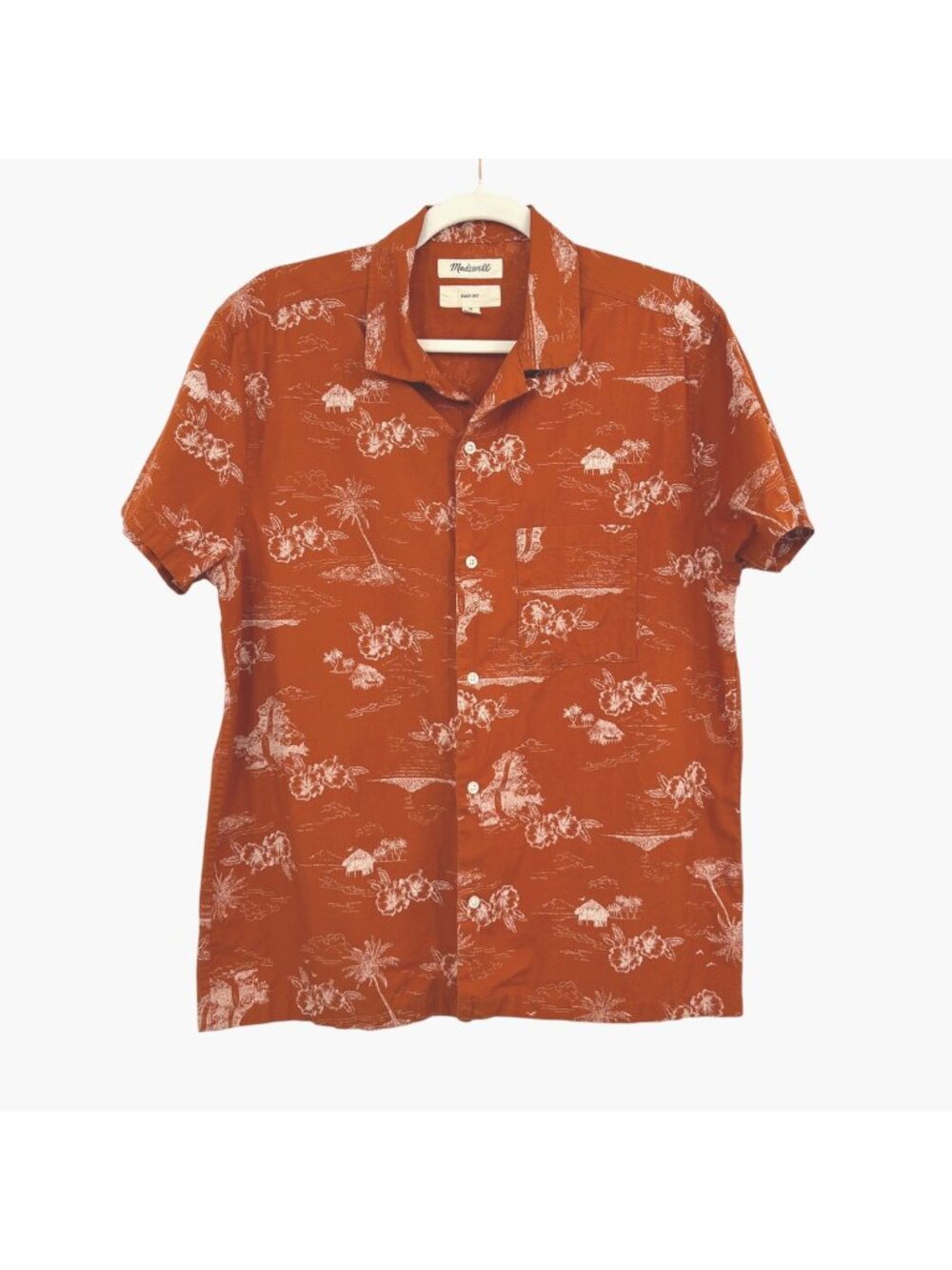 Madewell Mens Easy Fit Short Sleeve Hawaiian Print Button-Down Rust Shirt Small